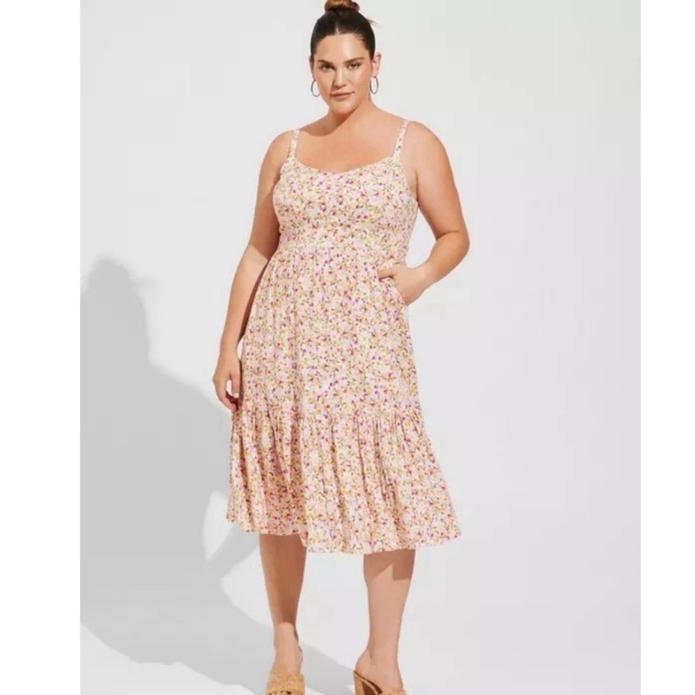 Torrid Colorful Ditsy Floral Rayon Slub Tiered Midi Sun‎ Dress Size 4X Pockets